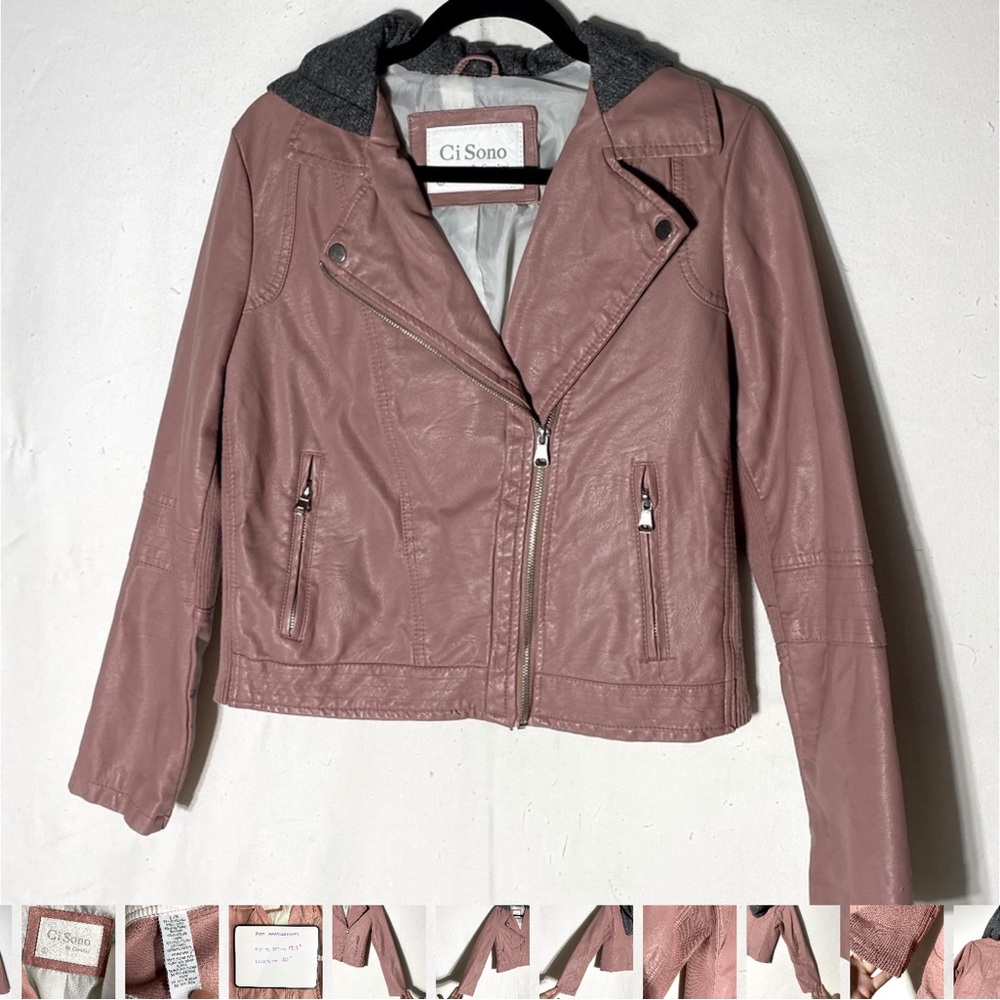 Ci Sono Dusty Pink Faux Leather Moto Jacket With Hood L